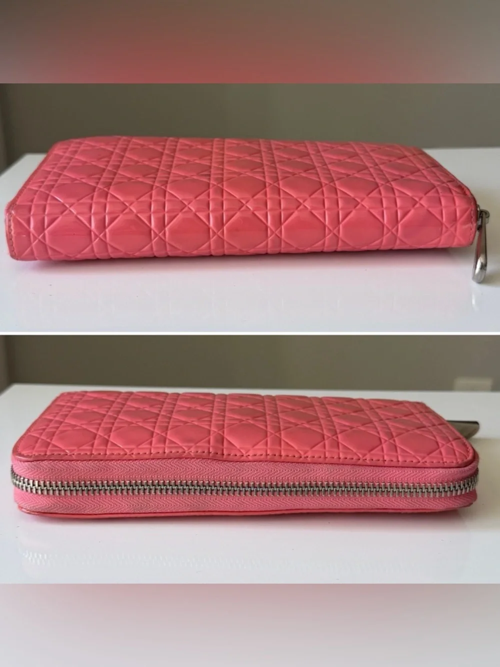 Dior Cannage Patent Leather Zip Around Wallet Coral Pink